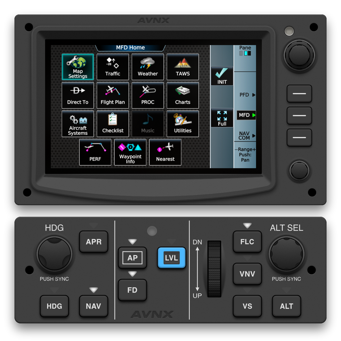 Digital recreation of the Garmin GTC 580 touch controller and the GFC 500 autopilot.